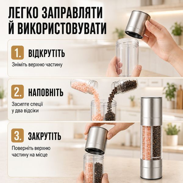 Млин для солі та перцю ручний 2в1 (суміш перців, рожева гімалайська сіль) 1077 фото